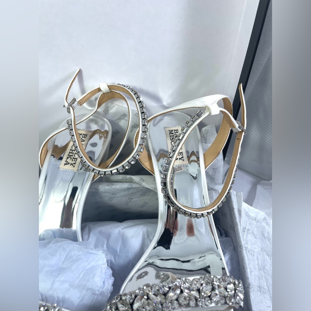 Badgley Mischka Tasmine Tall Evening Sandals. White Satin. - Picture 5 of 14